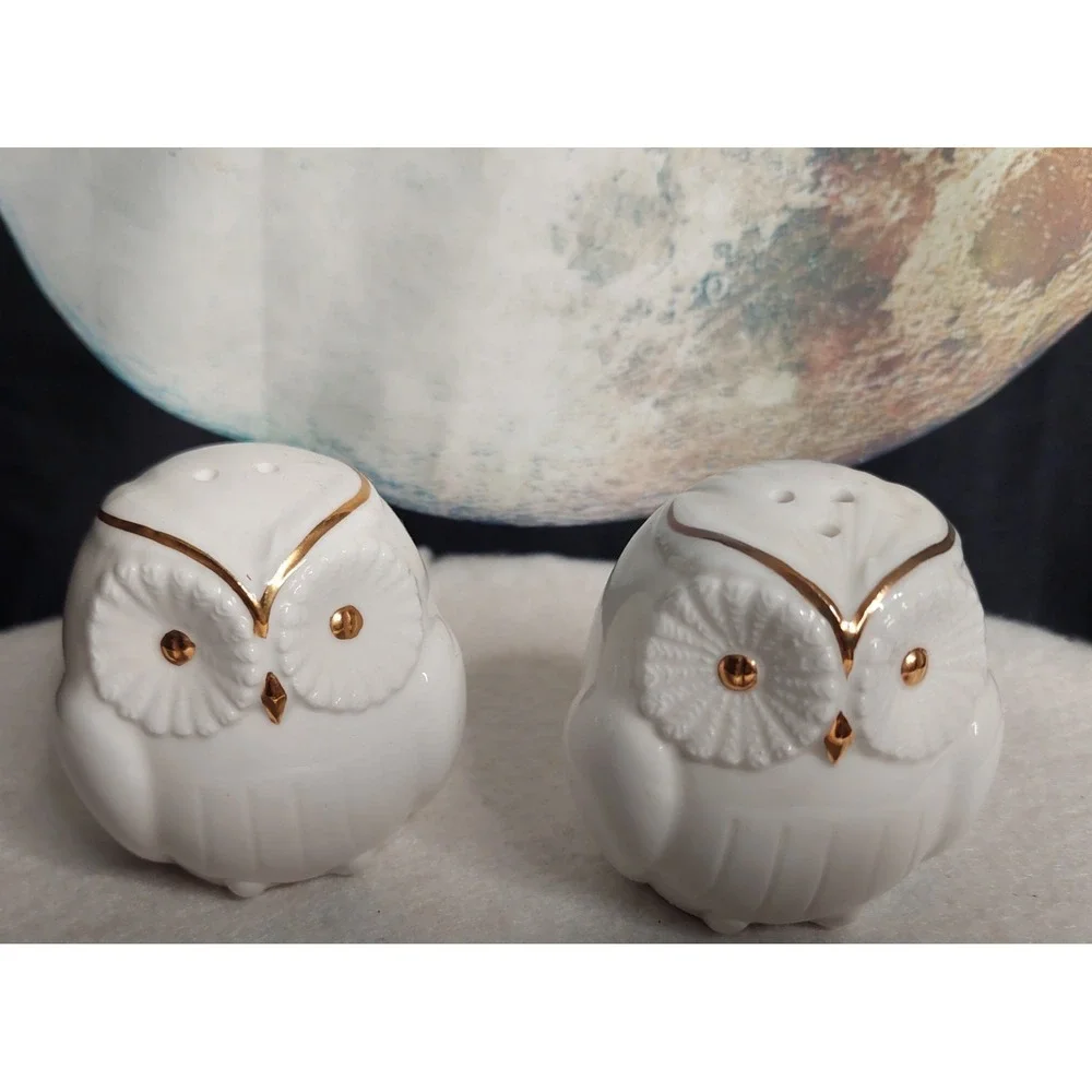 White Gold Trim Owls Salt and Pepper Shakers Vintage MCM Fairy Witch Core Decor